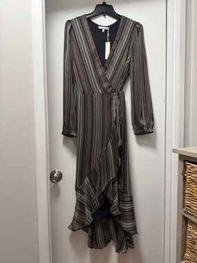 NWT Lavender Brown Striped Wrap High-Low Dress in Brown and Black size medium